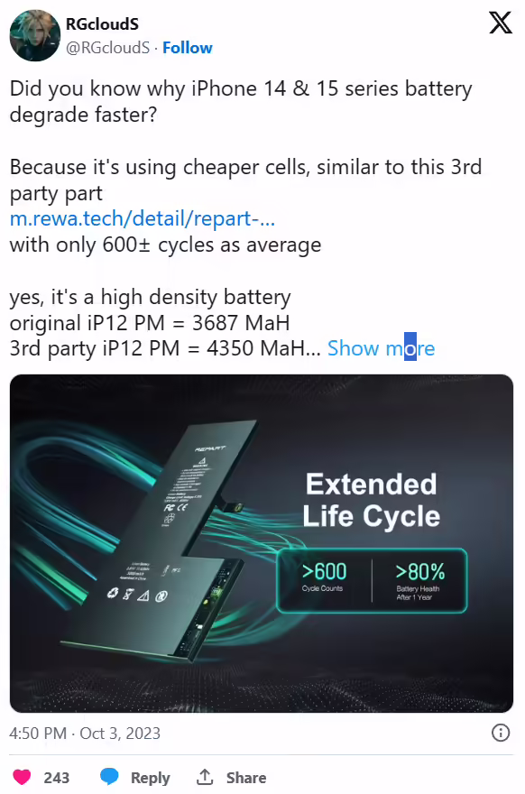 曝iphone 15采用“更便宜的电池”,老化更快!